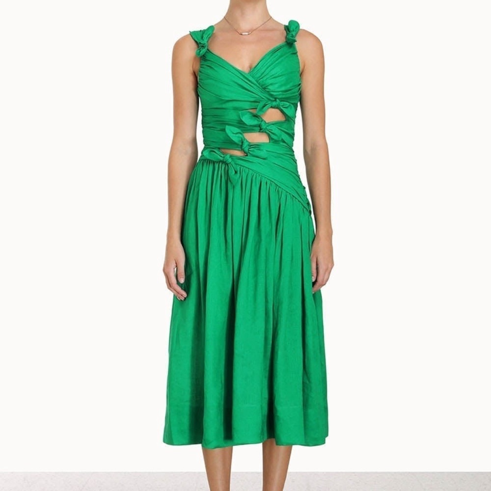 The Tiggy Bow Midi Dress in Green from our Resort Swim 2023 Collection. - Picture 2 of 5